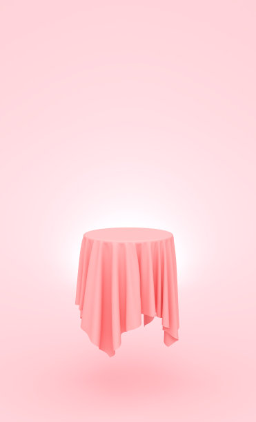 圆形台布与讲台和站在粉红色织物形式浮在柔软的粉红色背景。广告展示平台。图片下载