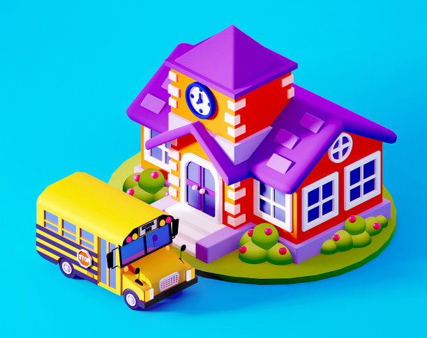 学校等距构成包括校车。三维演示图片下载