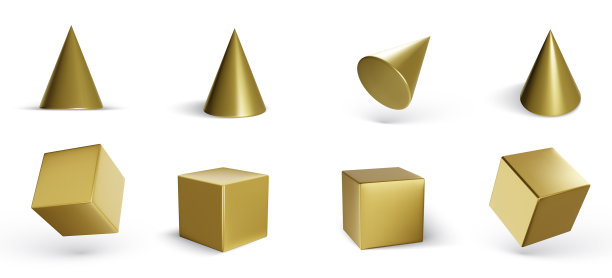 一套金色的几何立方体和锥孤立图片下载