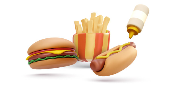 3d逼真的新鲜美味的汉堡热狗和法国图片下载