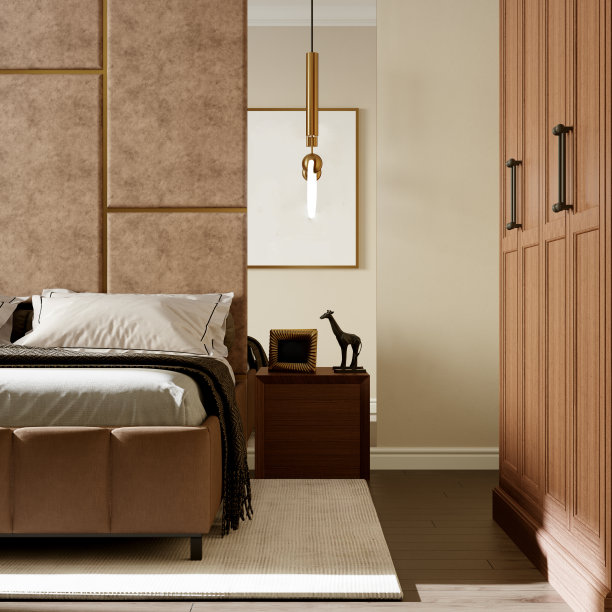 现代卧室内部采用棕色调，米色瓷砖墙。三维渲染图片下载
