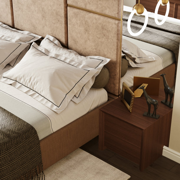 现代卧室内部采用棕色调，米色瓷砖墙。三维渲染图片下载