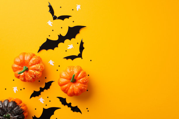 万圣节的概念。顶视图照片南瓜鬼蝙蝠的轮廓和黑色的纸屑上孤立的橙色背景与copyspace图片下载