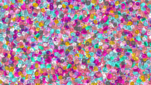 珠子的背景。时尚配件。手工工艺。玻璃珠俯视图。亮片。堆的宝石。莱茵石墙纸。现实的例子。3 d渲染。珠宝。图片下载