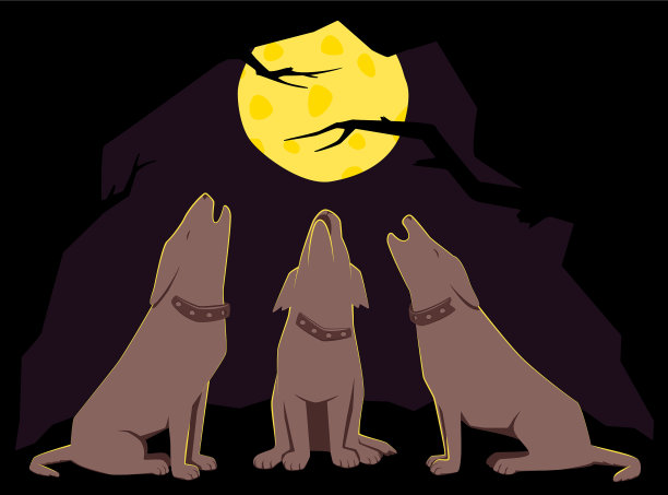 漆黑的夜晚，三只狗对着月亮嚎叫图片下载
