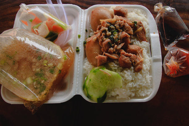 用泡沫塑料包装的焦糖猪肉加鸡蛋图片下载