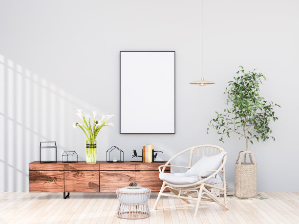模拟海报框架在现代室内家具齐全的房间背景，客厅图片下载