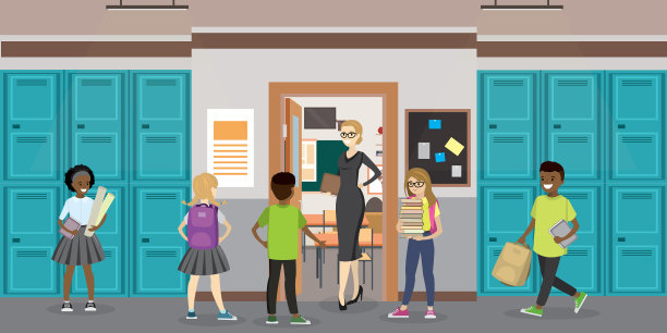 卡通空旷的学校内部和敞开的大门在图片下载