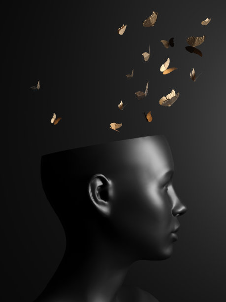 女人的头和蝴蝶飞翔自由和自由的黑色背景。三维渲染图片下载
