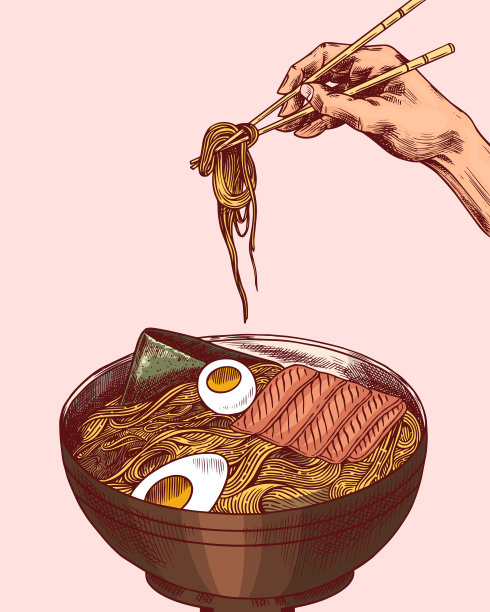手握着筷子。拉面。日本食品海报。寿司吧，碗里的汤，面包卷和甜点，亚洲茶。酱油。为菜单绘制雕刻草图。单色的风格。矢量图图片下载