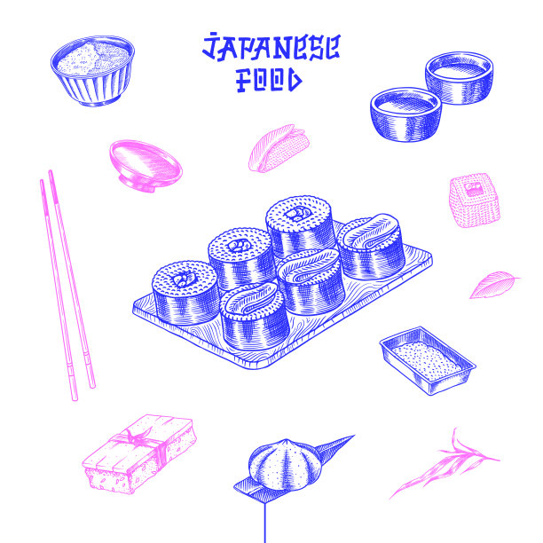 日本食品海报。寿司吧，拉面，碗里的汤，面包卷和甜点，亚洲茶。酱油。手握着筷子。为菜单绘制雕刻草图。单色的风格。矢量图图片下载