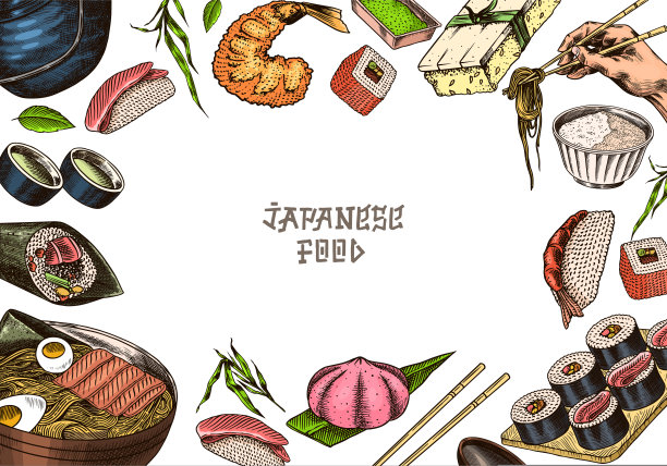 日本食品海报。寿司吧，拉面，碗里的汤，面包卷和甜点，亚洲茶。酱油。手握着筷子。为菜单绘制雕刻草图。单色的风格。矢量图图片下载