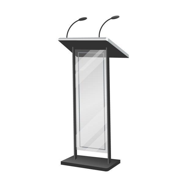 金属讲台矢量插图。讲台或讲坛，在教室里用麦克风进行采访或讲座，隔离在白色上图片下载