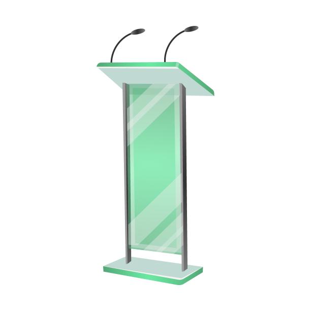 玻璃和金属平台矢量插图。讲台或讲坛，在教室里用麦克风进行采访或讲座，隔离在白色上图片下载