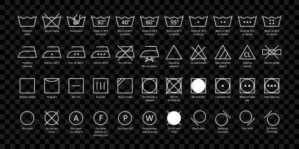 带有名字的白色洗衣符号在透明背景上扩展路径。向量图片下载