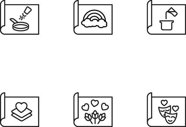 用于网站、应用程序、文章、商店、广告的现代单色符号。可编辑笔画。矢量图标集，包含烹饪、彩虹、花朵、剧院在纸上的图标图片下载