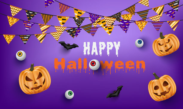 快乐万圣节横幅或派对邀请与蝙蝠和杰克O灯笼南瓜请客或恶作剧有趣的派对庆祝背景。矢量图图片下载