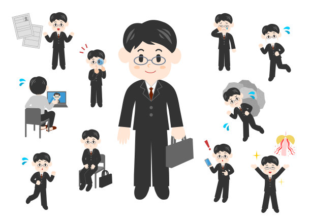 年轻人正在找工作。年轻人在工作。不同的面部表情。矢量插图。全身插图。图片下载