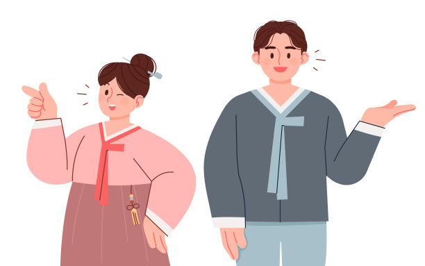 穿着韩服的一名女子和一名男子做着指路的手势。图片下载