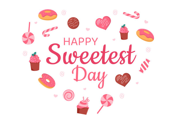 10月21日快乐甜蜜的一天甜蜜的节日活动手绘卡通平面插图与纸杯蛋糕和糖果在粉红色的背景图片下载