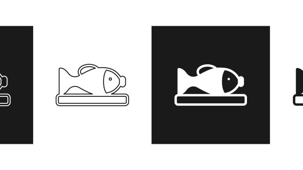 将鱼放在盘子上，图标孤立在黑色上图片下载