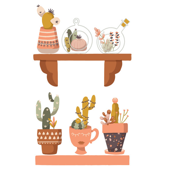 波西米亚墙装饰货架与室内植物矢量隔离元素集图片下载