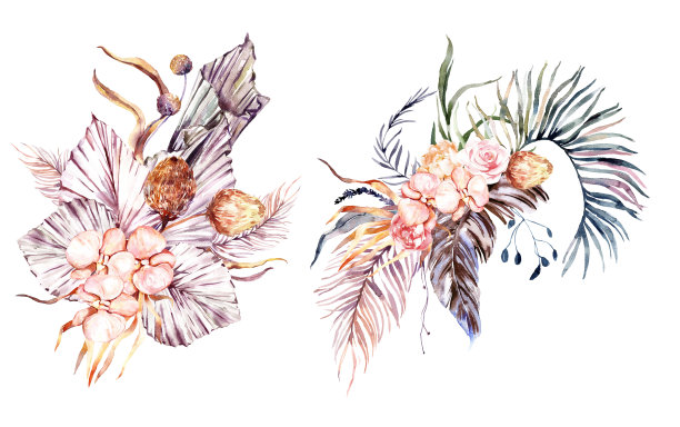 水彩夏天邀请花束手绘热带粉红色的花，紫罗兰的树枝，棕色的叶子。浪漫的花束完美的婚礼贺卡，邀请和更多。图片下载
