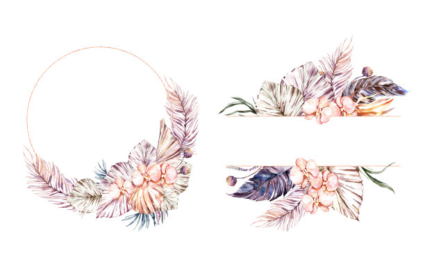 水彩夏天邀请框架手绘热带干燥棕榈叶，紫罗兰叶的树枝。浪漫的花束完美的婚礼贺卡，邀请和更多。图片下载