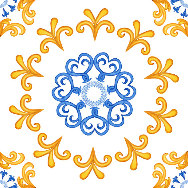 马略利卡水彩无缝图案。西西里手绘装饰。传统的蓝色和黄色瓷砖。葡萄牙传统的azulejo图案。摩洛哥风格。图片下载
