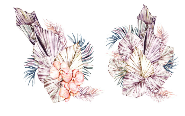 水彩夏天邀请花束手绘热带粉红色的花，紫罗兰的树枝，棕色的叶子。浪漫的花束完美的婚礼贺卡，邀请和更多。图片下载