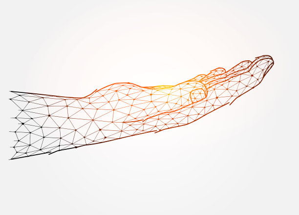 赋予手的概念艺术。举着张开的手掌的抽象插图。开掌手势，低聚设计。图片下载