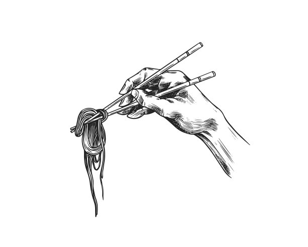 用筷子夹面。日本亚洲传统拉面。为菜单绘制雕刻草图。单色的风格。矢量插图图片下载