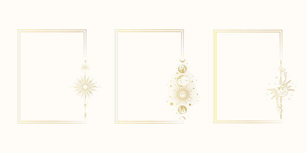 由太阳、月亮和行星组成的三个金色天体框架。复古背景塔罗牌，占星术，出生图表和占星术，波西米亚设计贺卡。图片下载