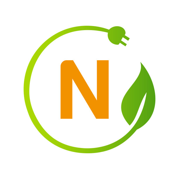 字母N绿色能源电源插头标识模板。电子插头标志概念与生态绿叶矢量标志图片下载