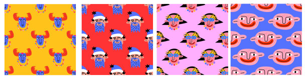 矢量集无缝模式- 1970年风格的圣诞节和新年。圣诞老人，小鹿，孩子，节日，派对。嬉皮、时髦、时髦的庆祝方式。新年祝福纸，纺织图片下载