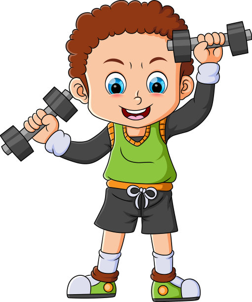 身材矮小的卷毛男孩举着两个杠铃图片下载