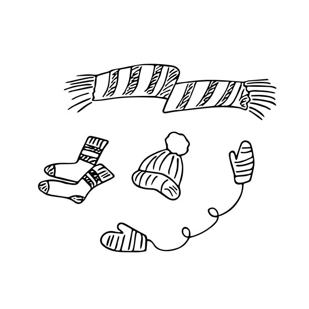 涂鸦秋冬套装，手绘帽子，围巾，手套，保暖袜，寒冷天气的针织配件。素描，写意简约设计，儿童绘画。图片下载