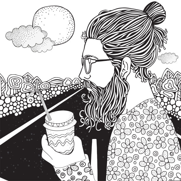 留着胡子的男人端着咖啡。汽车高速公路。成人涂色书页面。黑色和白色。涂鸦。向量。线的艺术。图片下载