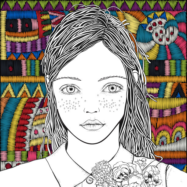 年轻美丽的女孩和鲜花。刺绣无缝模式。黑白涂鸦彩色书页供成人和儿童使用。图片下载