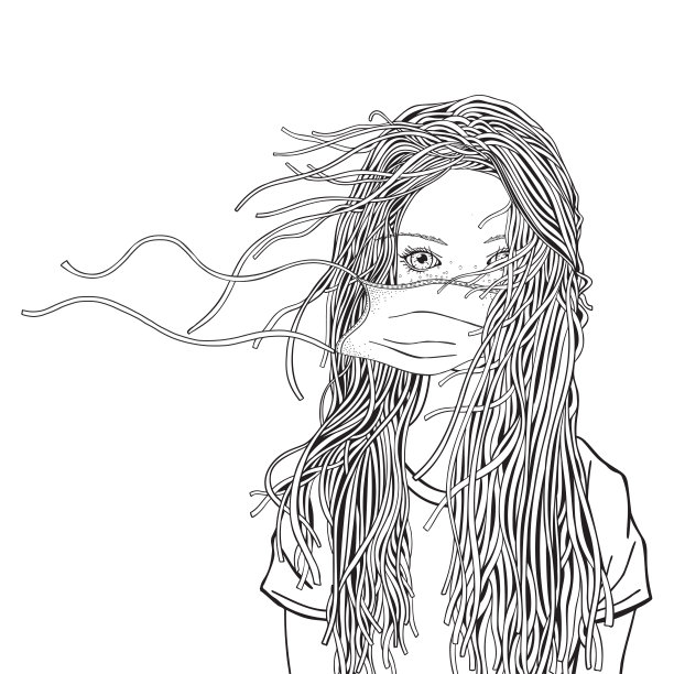 戴医用口罩的女孩彩色书页面。新型冠状病毒(2019 - ncov)。黑白矢量插图。图片下载