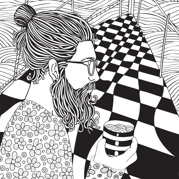 大胡子男人在游艇上游泳，躺在甲板上，端着一杯咖啡。成人涂色书页面。黑色和白色。涂鸦图片下载