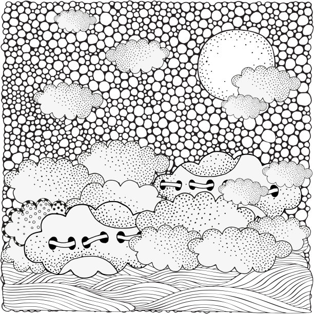 有太阳、大海和云彩的黑白奇幻画。海滩的风景。图案为成人填色书页。手绘，种族，涂鸦，矢量，部落。图片下载