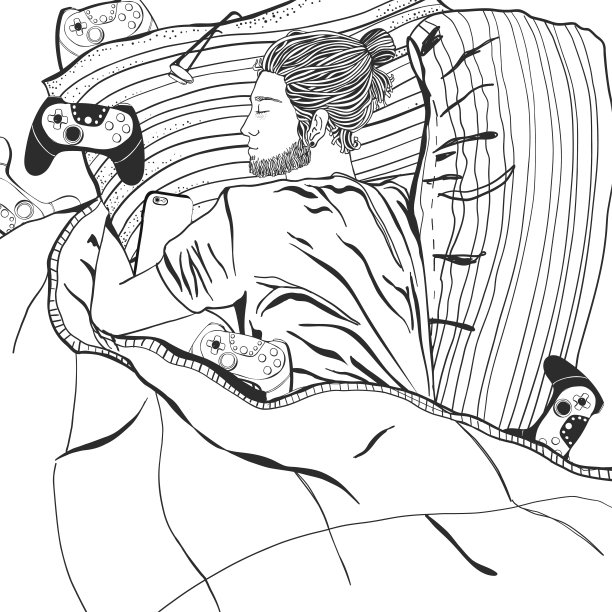 电脑游戏玩家。睡觉的人。玩家。成人和儿童涂色书页面。图片下载