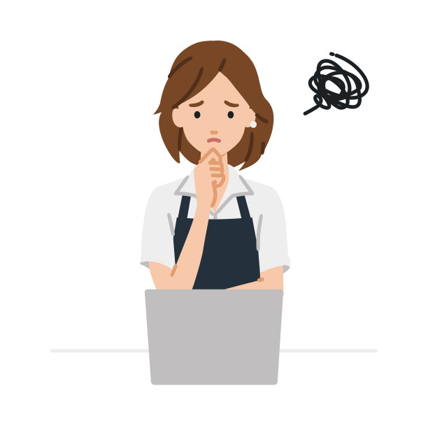 一个女人在咖啡馆围裙使用笔记本电脑有麻烦她的手指在她的桌子上的下巴图片下载