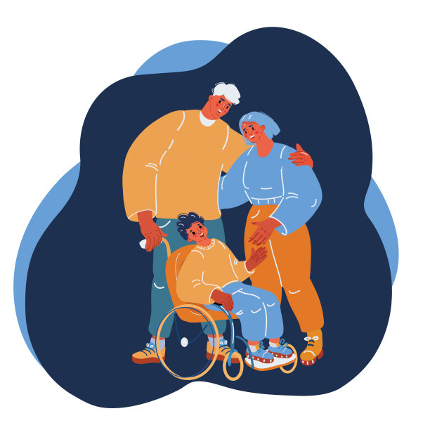 矢量卡通插画小男孩坐在轮椅上，带着家人幸福的笑脸图片下载