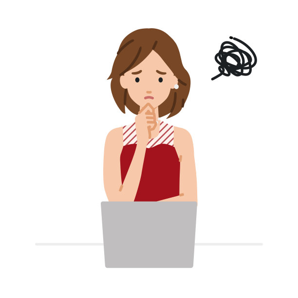 一个穿着裙子的女人在使用笔记本电脑时，手指在桌子前的下巴上碰到了麻烦图片下载