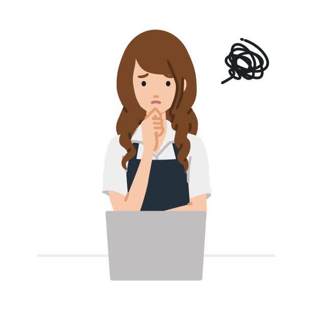 一个女人在咖啡馆围裙使用笔记本电脑有麻烦她的手指在她的桌子上的下巴图片下载