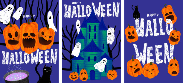 万圣节快乐模板与粉笔字母。矢量插图与不同的南瓜图片下载