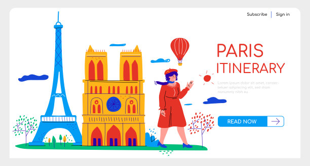 巴黎行程和景点——扁平化设计风格横幅图片下载