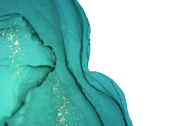 水彩背景与抽象的蓝绿色墨水波和金色的飞溅。图片下载